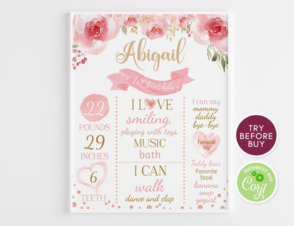 Watercolor Floral First Birthday Poster, Pink and Gold Milestone Board, Girl 1st Birthday Chalkboard Sign, Editable DIY Birthday Sign