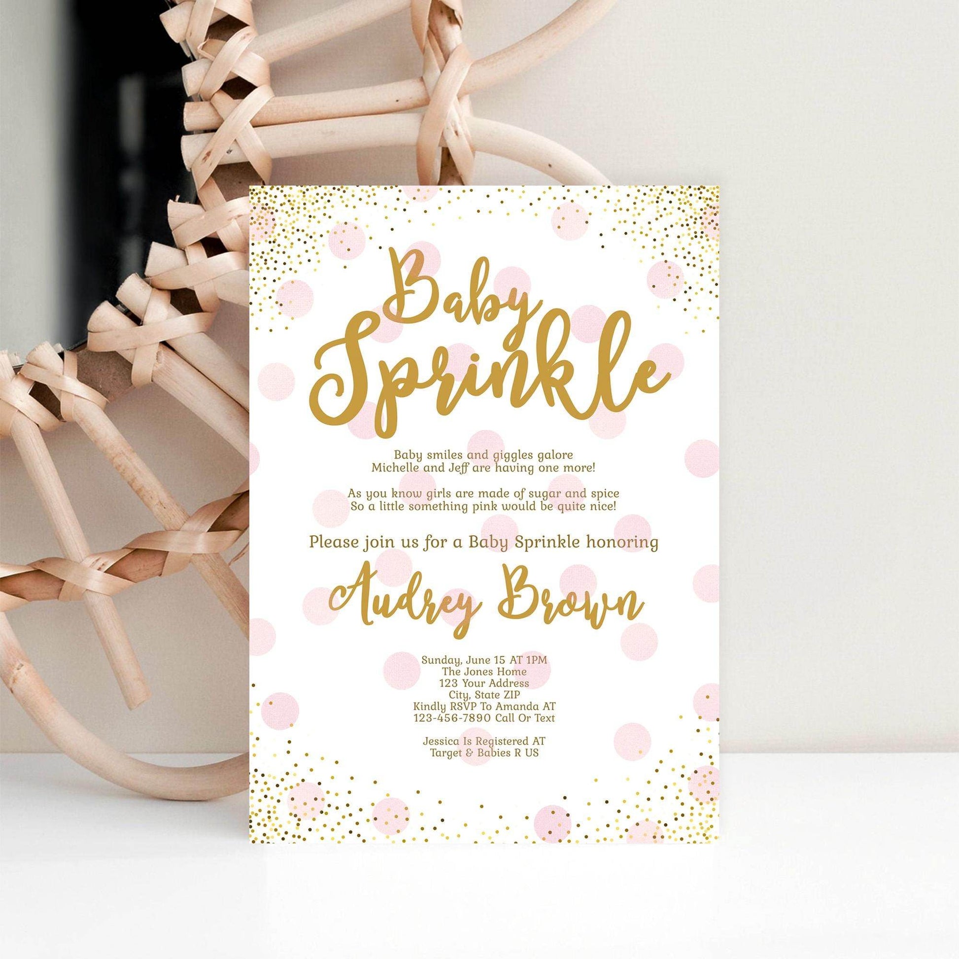 Girl Baby Sprinkle Invitation Template – Blush Pink & Gold Baby Shower Invite Bundle | Editable Printable Baby Sprinkle for Girl | Instant Download