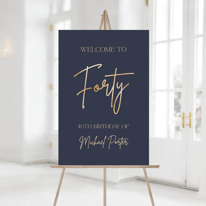 Navy 40th Birthday Welcome Sign Template, Editable Navy Gold Birthday Party Poster, Printable Welcome Sign, Men's Birthday Party Decoration