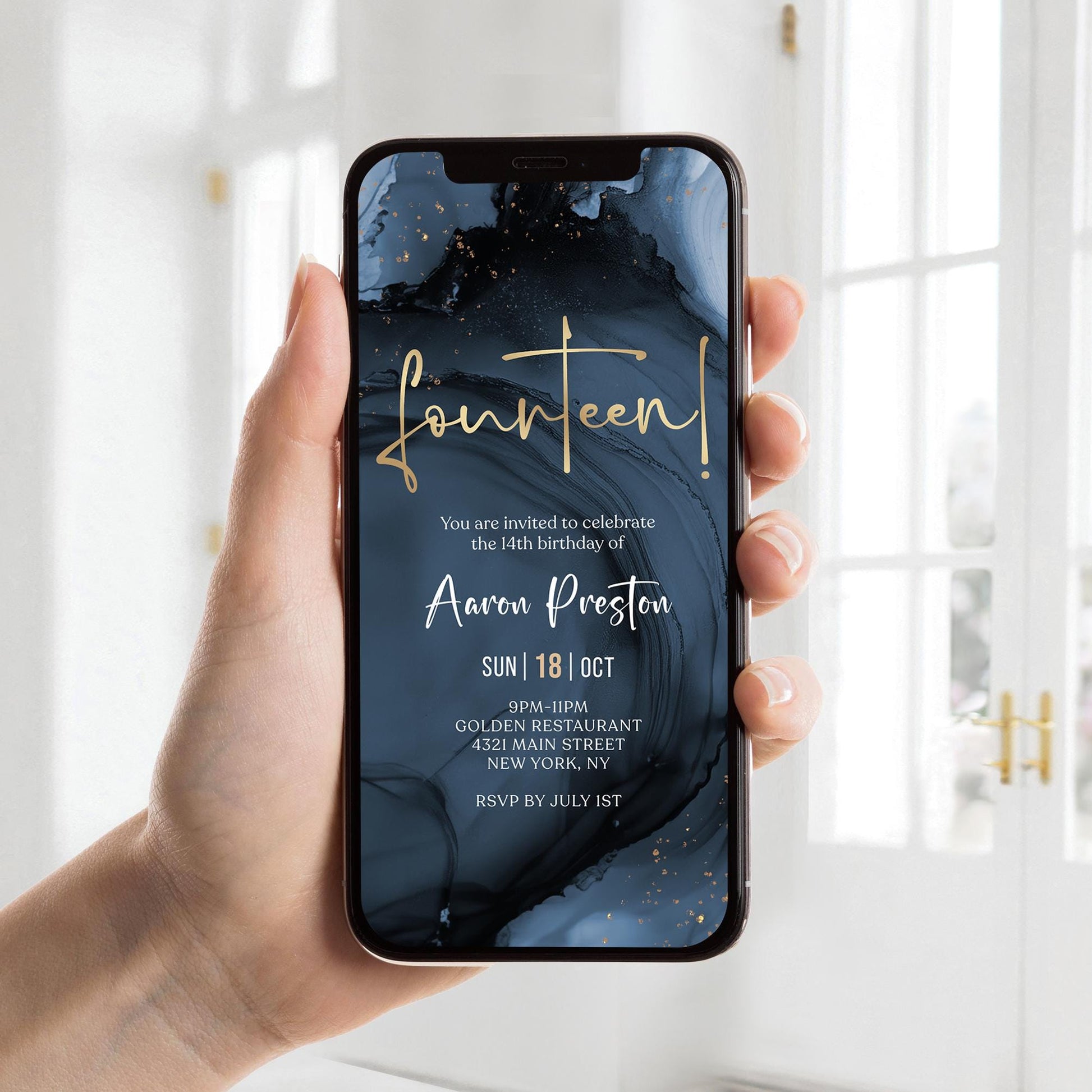 Blue Navy Gold Foil 14th Birthday Invitation Template, Digital Birthday Party Invite, Editable Electronic Evite, Text Message Invitation