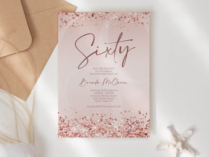 Editable 60th Birthday Invitation Template, Rose Gold Confetti Digital Card, Printable Sixty Birthday Evite, Pink Text Message Invite