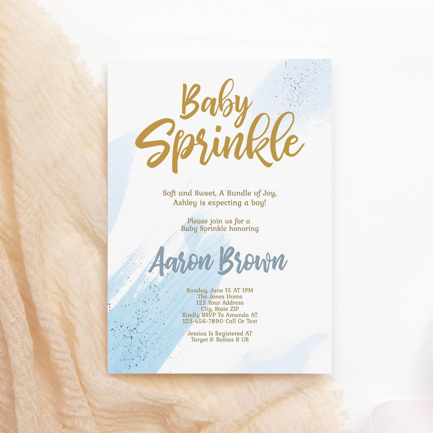 Boy Baby Sprinkle Invitation Template, Editable Blush Blue & Gold Sprinkle Invite, Printable Baby Sprinkle Card Evite, Instant Download