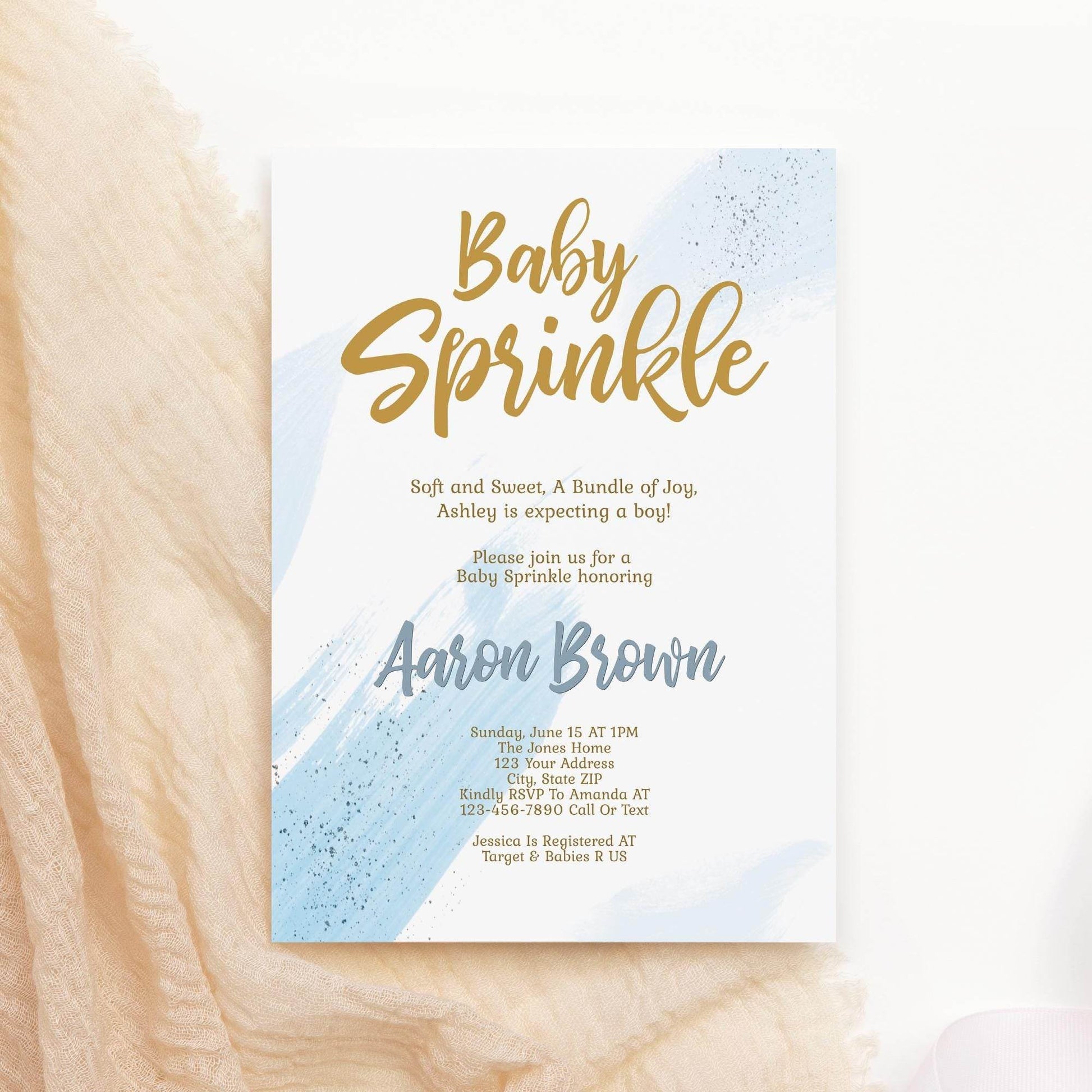 Boy Baby Sprinkle Invitation Template, Editable Blush Blue & Gold Sprinkle Invite, Printable Baby Sprinkle Card Evite, Instant Download