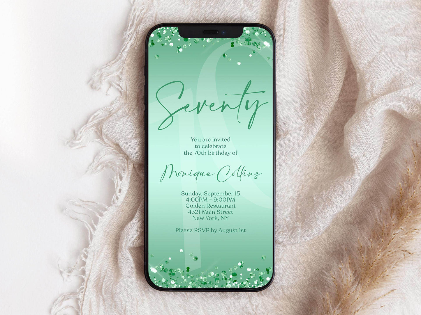 Digital Mint Green 70th Birthday Invitation Template, Editable Electronic Birthday Evite, Mint Foil Confetti Text Message Invite, Instant Download Smartphone Invitation