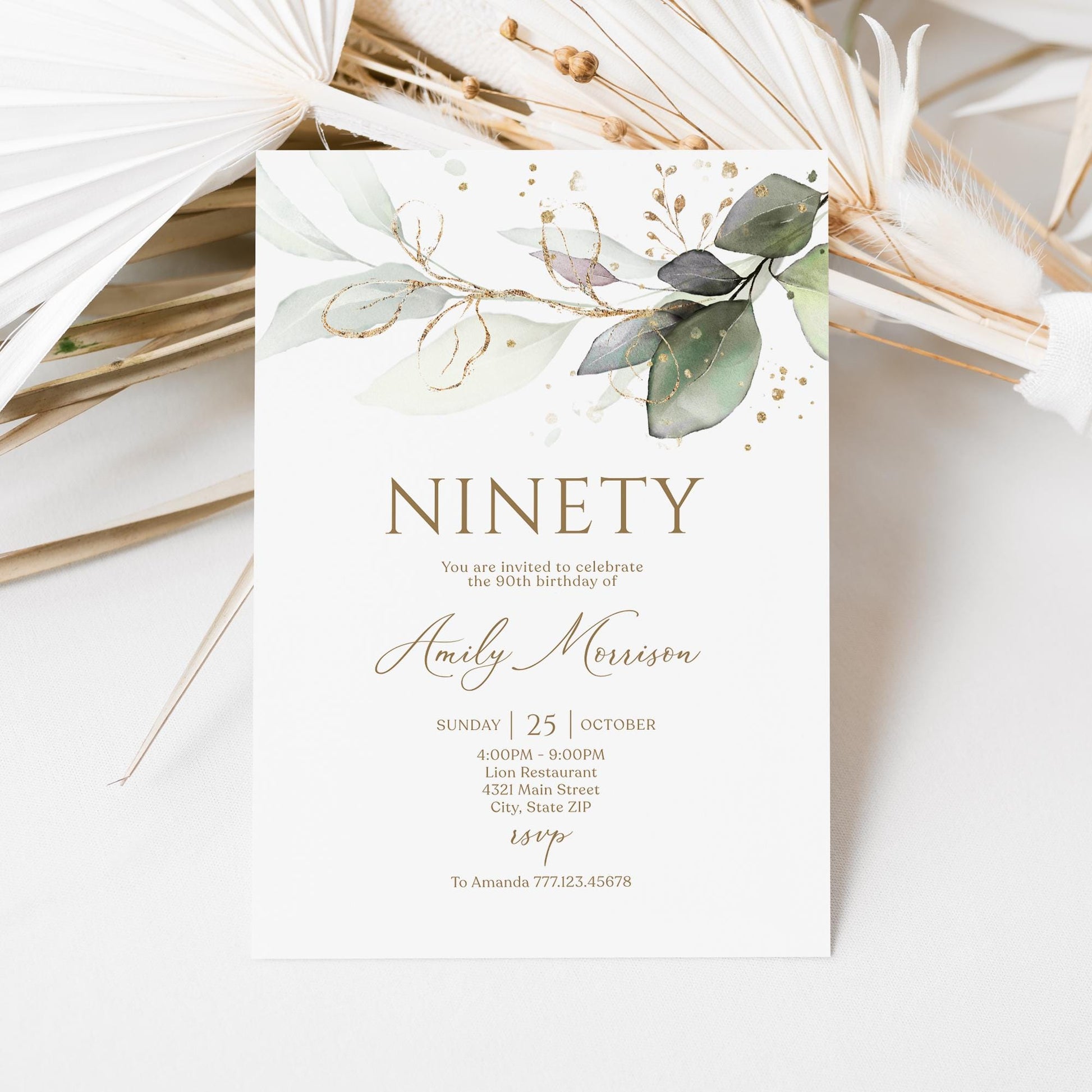 Editable Ninety 90th birthday Invitation Card Template, Printable Greenery Gold Leaves Birthday Invite for women, Digital Template, Email Text Message, Instant Download