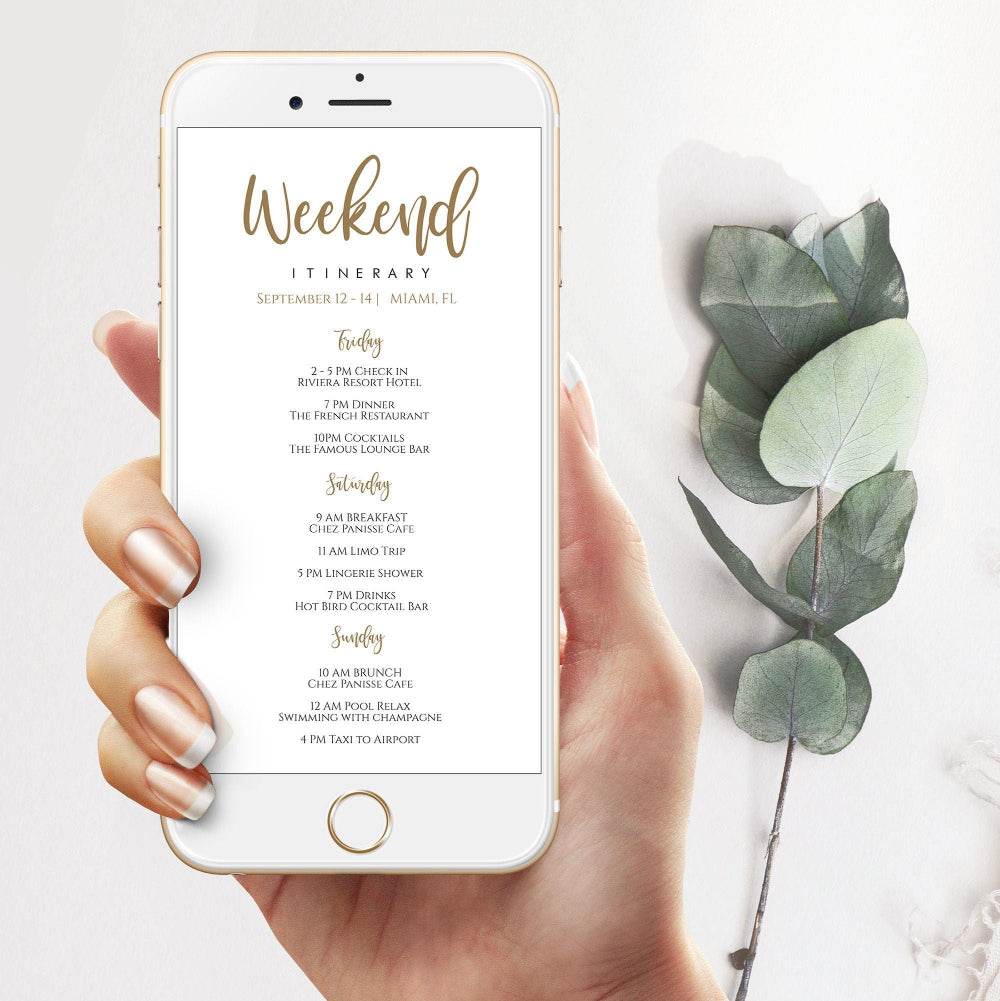 Electronic Itinerary Template – Editable Weekend Itinerary for Hen Party, Bachelorette & Birthday Weekend – Gold Elegant Design – Instant Download