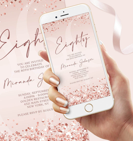 Rose Gold 80th Birthday Invitation Template, Editable Digital Evite for Women, Pink Confetti 80th Invite, Text Message Instant Download