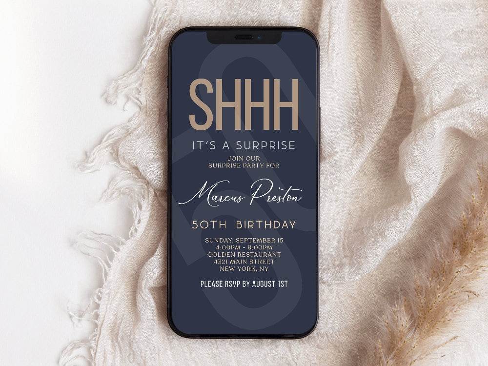 Digital Navy Gold 50th Birthday Surprise Invitation Template, Shhh It’s a Surprise Editable Text Message Evite, Custom Phone Invite, Instant Download