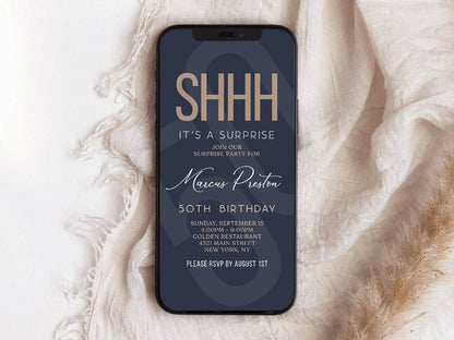 Digital Navy Gold 50th Birthday Surprise Invitation Template, Shhh It’s a Surprise Editable Text Message Evite, Custom Phone Invite, Instant Download