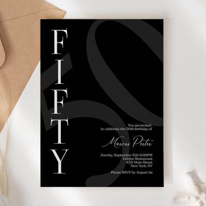 Minimalist Simple Black 50th Birthday Invitation Template – Editable Any Age Men’s Party Invite | Email Text Message | Printable Instant Download