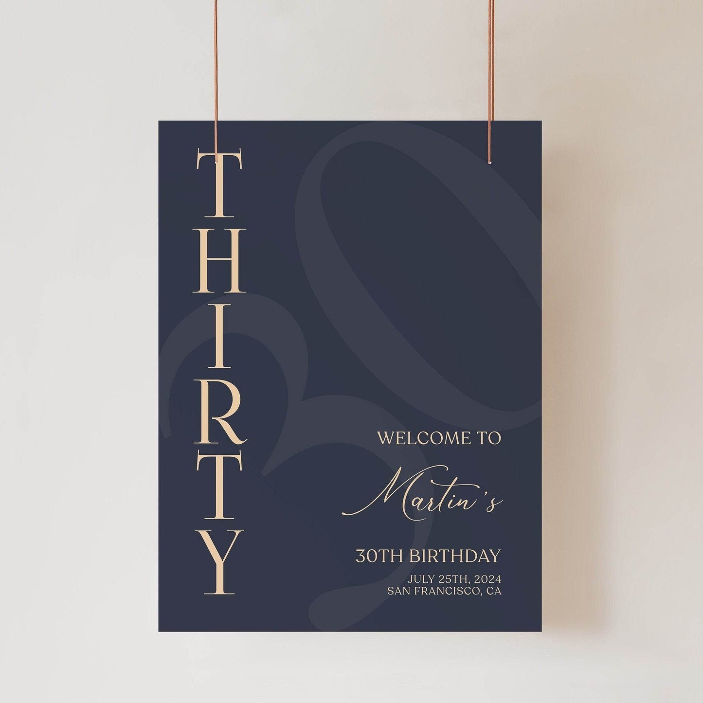 Printable 30th Birthday Welcome Sign Template | Navy Blue & Gold Editable Party Poster | DIY Elegant Birthday Decorations | Digital Download