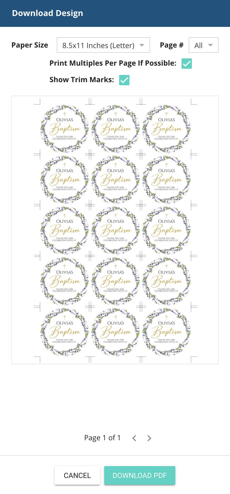 Lavender Flowers Thank You Baptism Round Tag, Printable First Communion Favor Tag, Gold Girl Baptism, Christening Tag Instant Download DIY