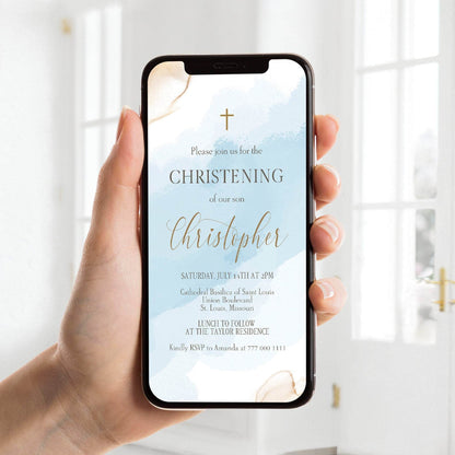 Boy Christening Invitation Template | Editable Blue Digital Evite | Electronic Baptism Phone Invite | Christening Text Message Card | Instant Download