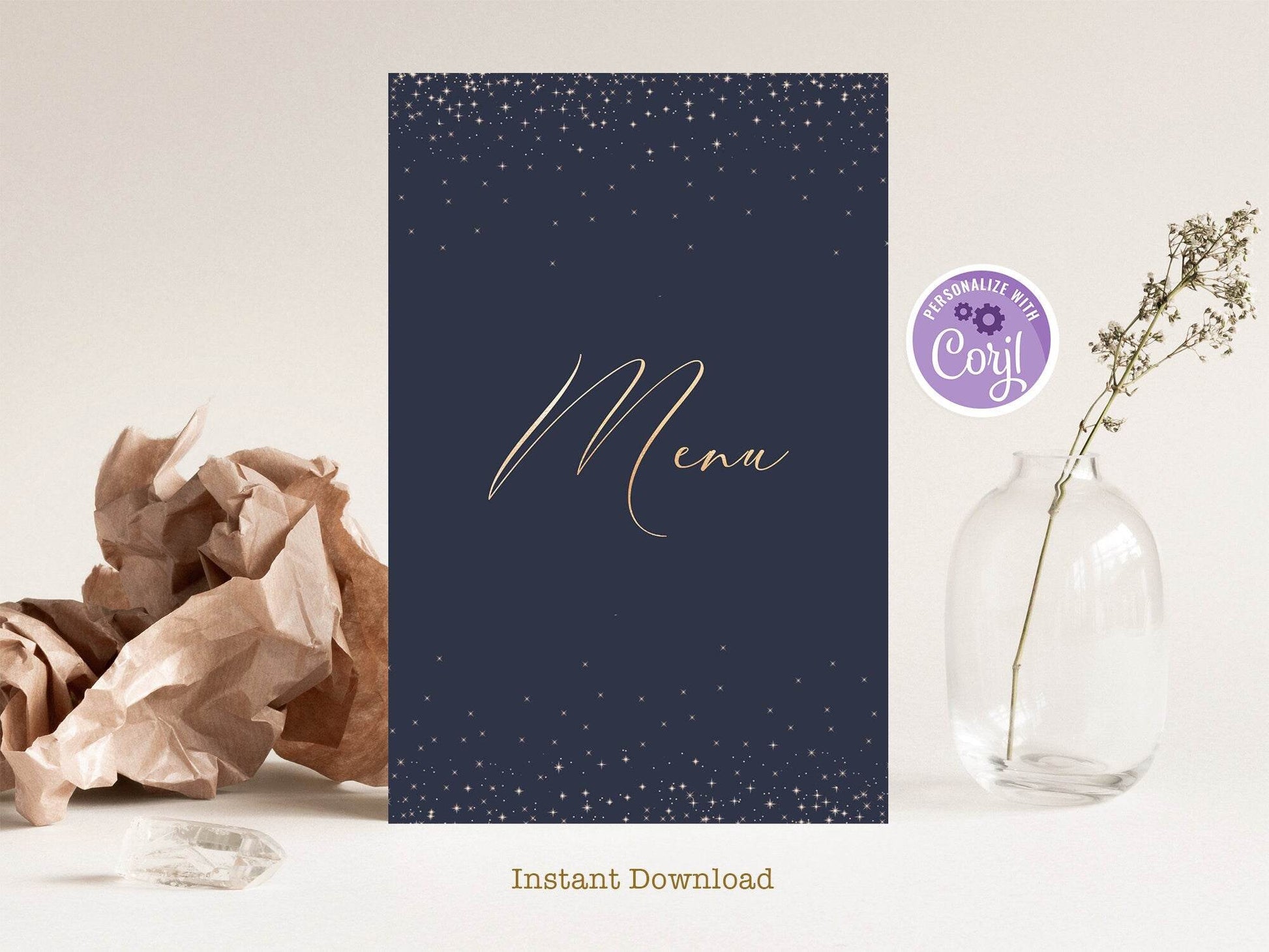 Printable Navy Blue Gold Foil Confetti Menu, Editable Gold Wedding Menu, Birthday Menu Template, Printable Menu, Dark Menu, Instant Download