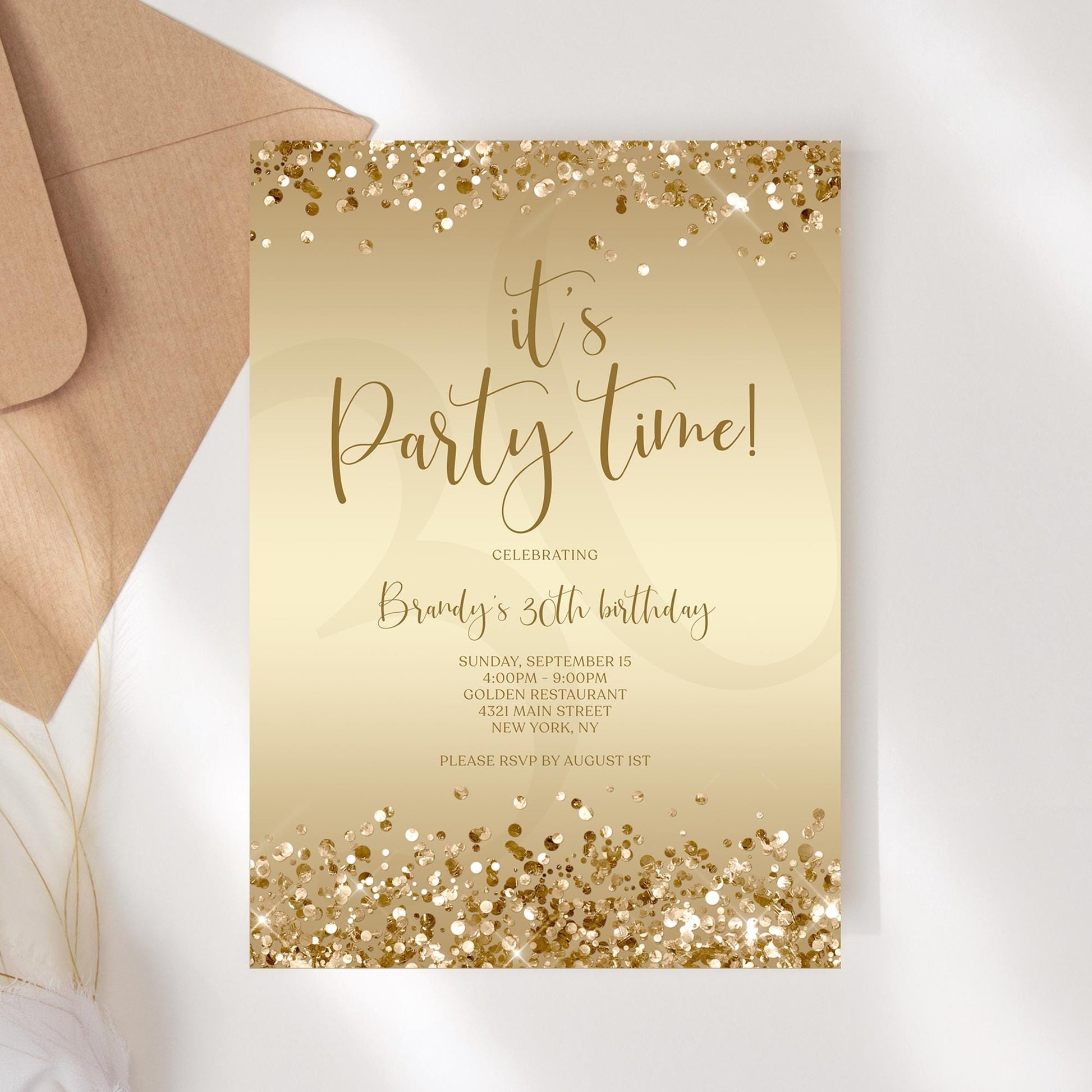 Gold Party Time Invitation Template - Luxury Editable Design