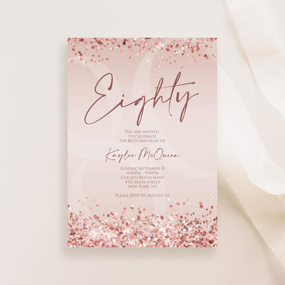 Rose Gold 80th Eighty Invitation Template Printable, Editable Pink Women 80th Birthday Invite, Email Text Message, Birthday Card Invitation