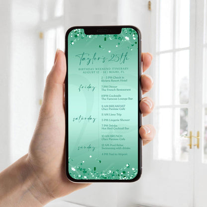 Electronic Mint Green Birthday Weekend Itinerary Template, Editable Birthday Itinerary, Digital Weekend Party Schedule, Itinerary Text Evite
