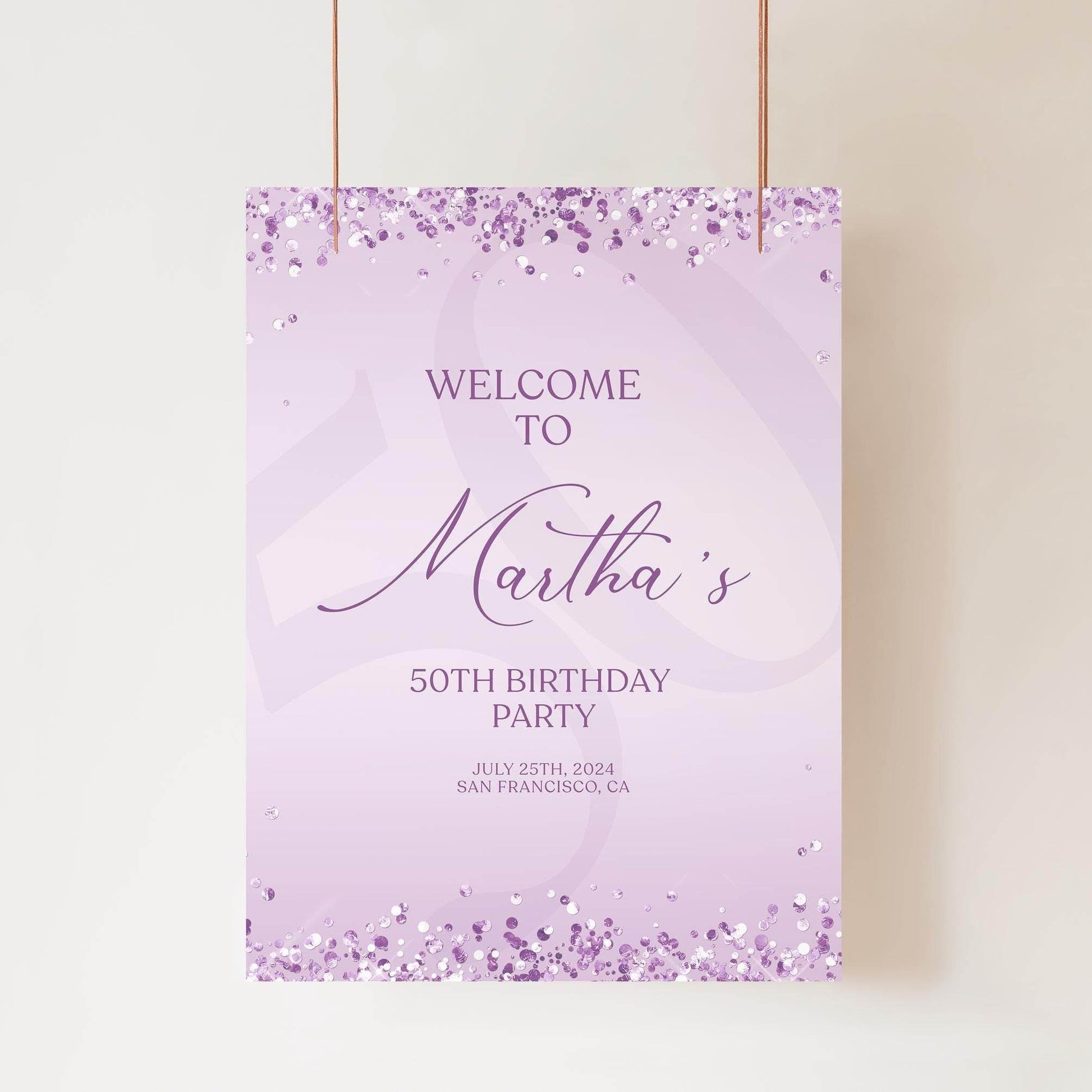 Printable Lavender Birthday Welcome Sign Template – Editable Purple Confetti Birthday Poster | Any Age Birthday Sign Decor | Instant Download