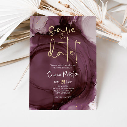 Purple Gold Save the Date Invitation template, Printable Birthday Party Announcement Card, Editable Modern Invite, Digital Download Template