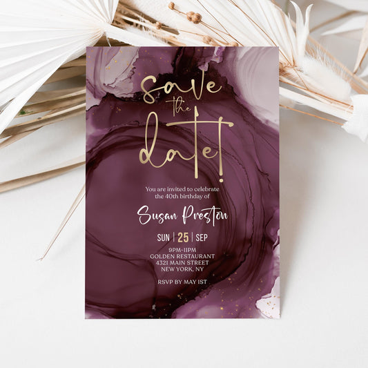Purple Gold Save the Date Invitation template, Printable Birthday Party Announcement Card, Editable Modern Invite, Digital Download Template