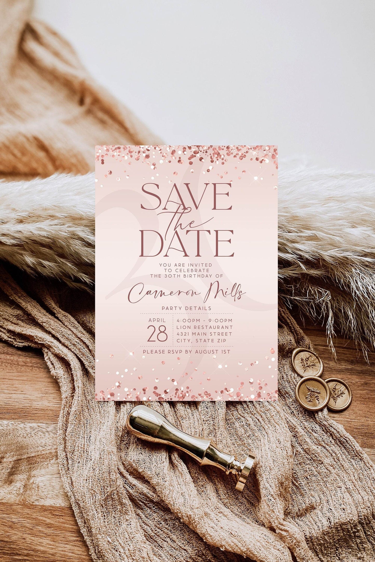 Editable Rose Gold Save the Date Birthday Invitation Template, Printable Save the Date Modern Invite, Email Text Message Evite Luxury Invite