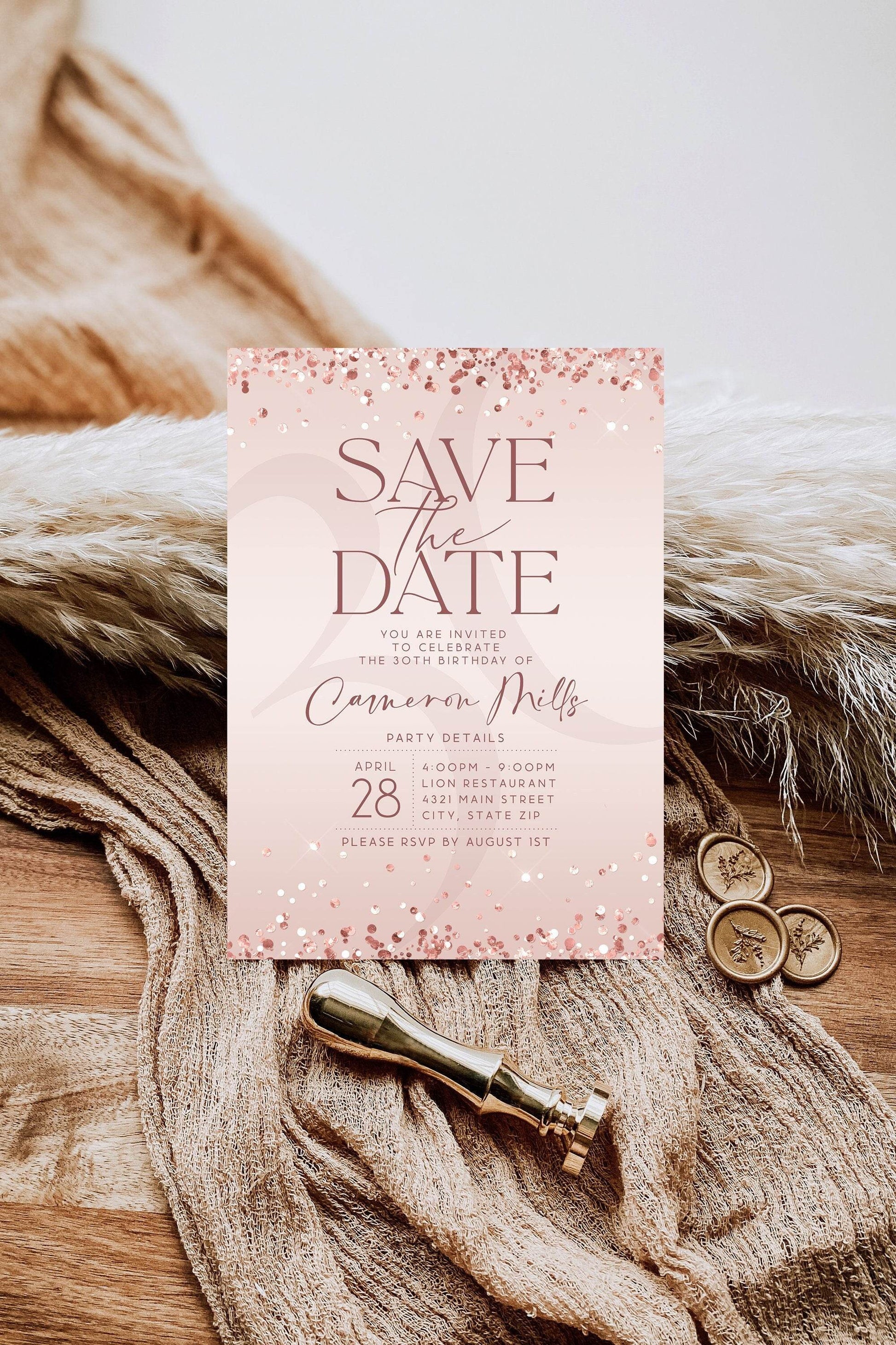 Editable Rose Gold Save the Date Birthday Invitation Template, Printable Save the Date Modern Invite, Email Text Message Evite Luxury Invite