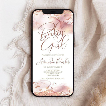 Baby Girl Rose Gold Baby Shower Invitation – Digital Electronic Evite Template – Editable Sweet Baby Girl Shower Invite – DIY Pink & Gold Download