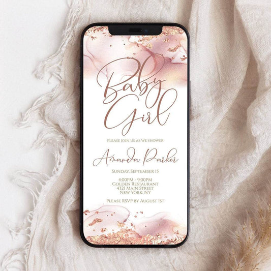 Baby Girl Rose Gold Baby Shower Invitation – Digital Electronic Evite Template – Editable Sweet Baby Girl Shower Invite – DIY Pink & Gold Download