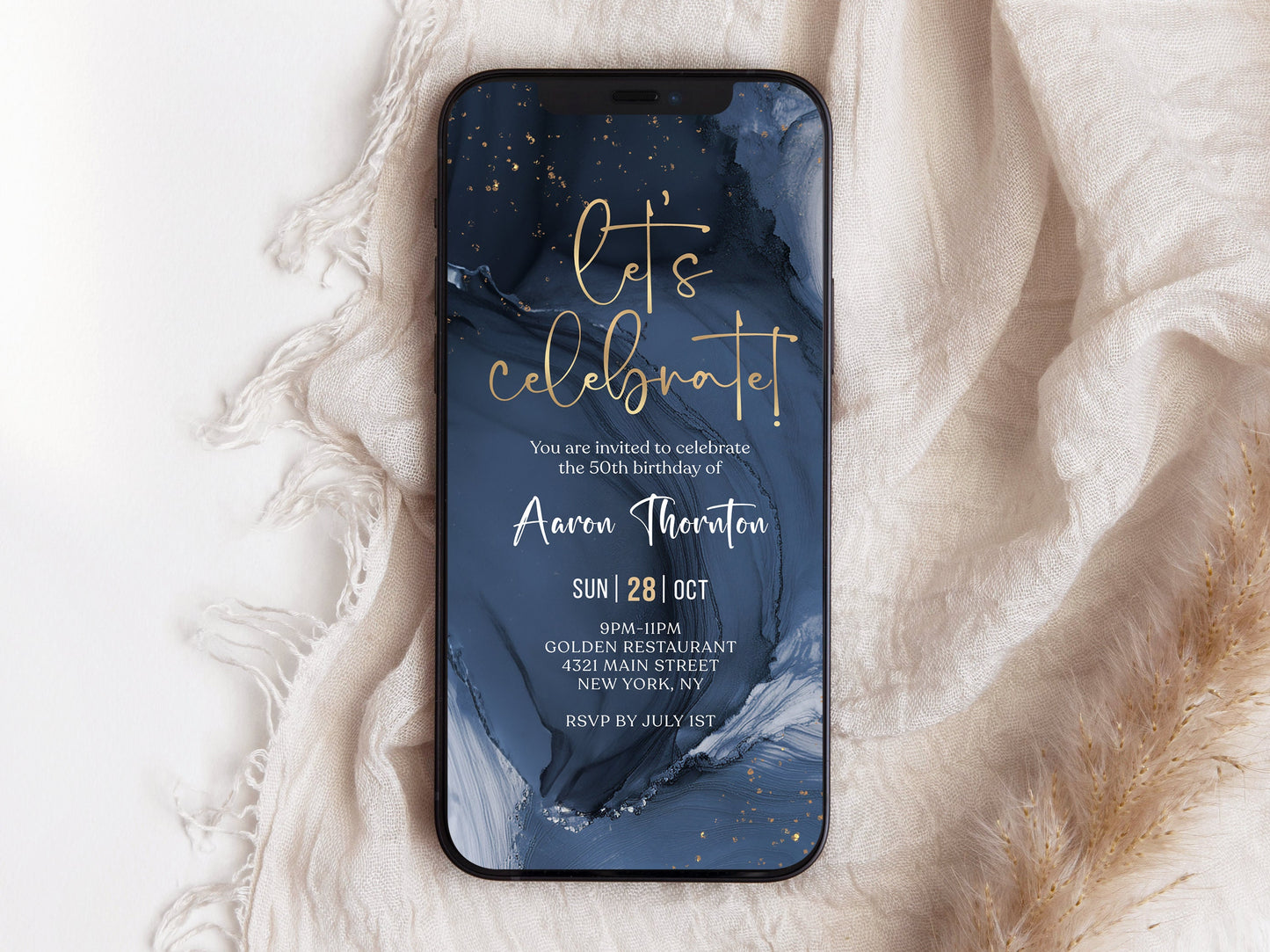 Blue Gold Let's Celebrate Birthday Invitation Template, Digital Birthday Party Invites, Electronic Any Age Invites, Man Boy Birthday Evite