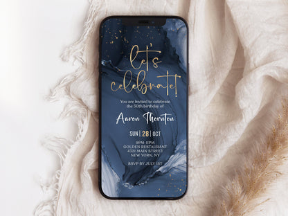Blue Gold Let's Celebrate Birthday Invitation Template, Digital Birthday Party Invites, Electronic Any Age Invites, Man Boy Birthday Evite