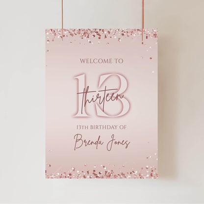 13th Birthday Welcome Sign Template | Editable Pink & Rose Gold Girl Party Poster | Printable Teen Birthday Decorations | Instant Digital Download