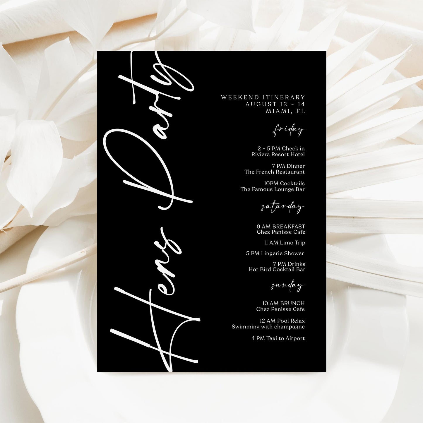 Printable Black Hens Party Weekend Itinerary Template – Editable Minimalist Bachelorette Weekend Schedule – Hen Party Events Itinerary – Instant Download