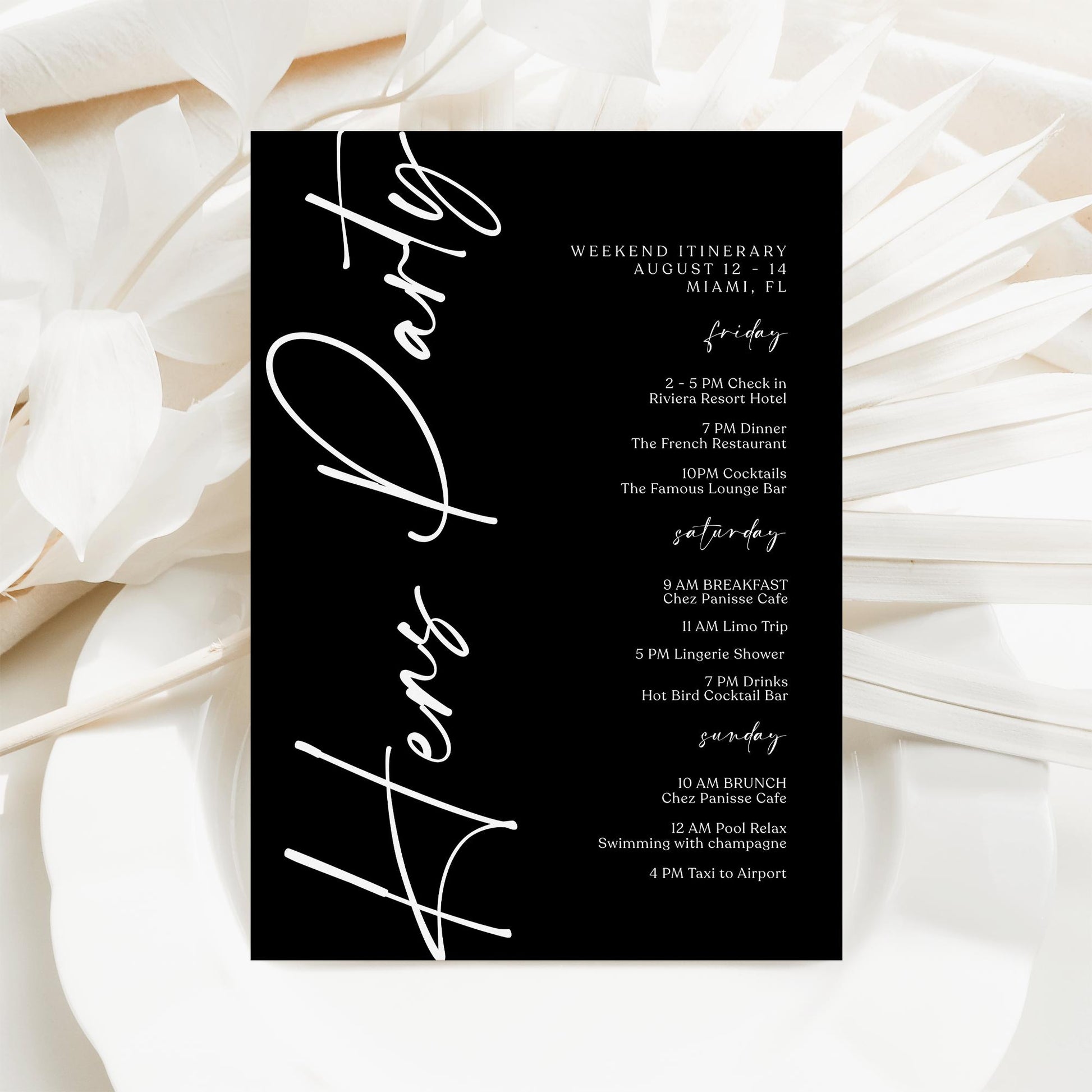 Printable Black Hens Party Weekend Itinerary Template – Editable Minimalist Bachelorette Weekend Schedule – Hen Party Events Itinerary – Instant Download