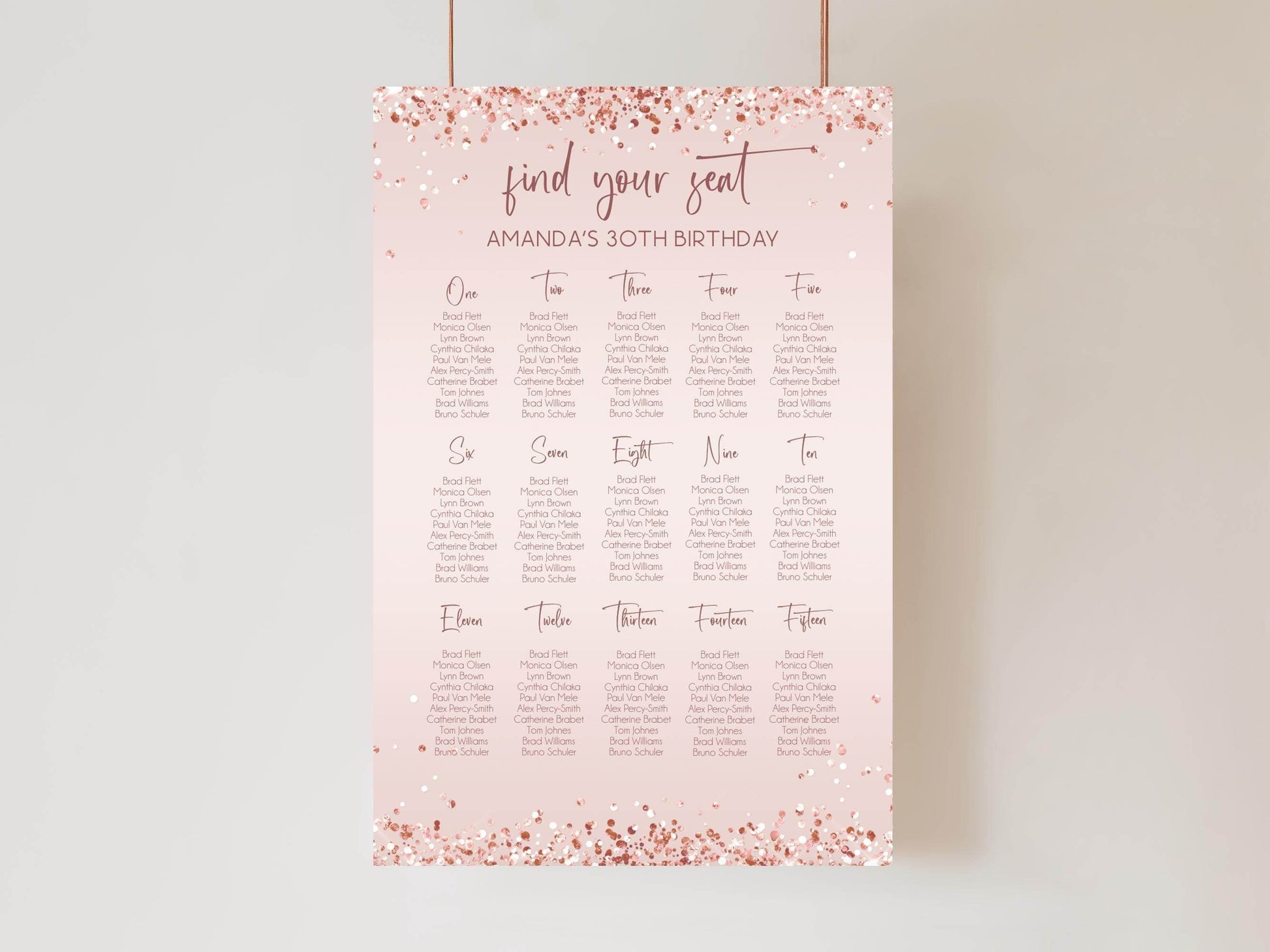 Printable Pink Birthday Seating Chart Template, Rose Gold Editable Seating Sign, Modern Digital Seating Chart, Instant Download