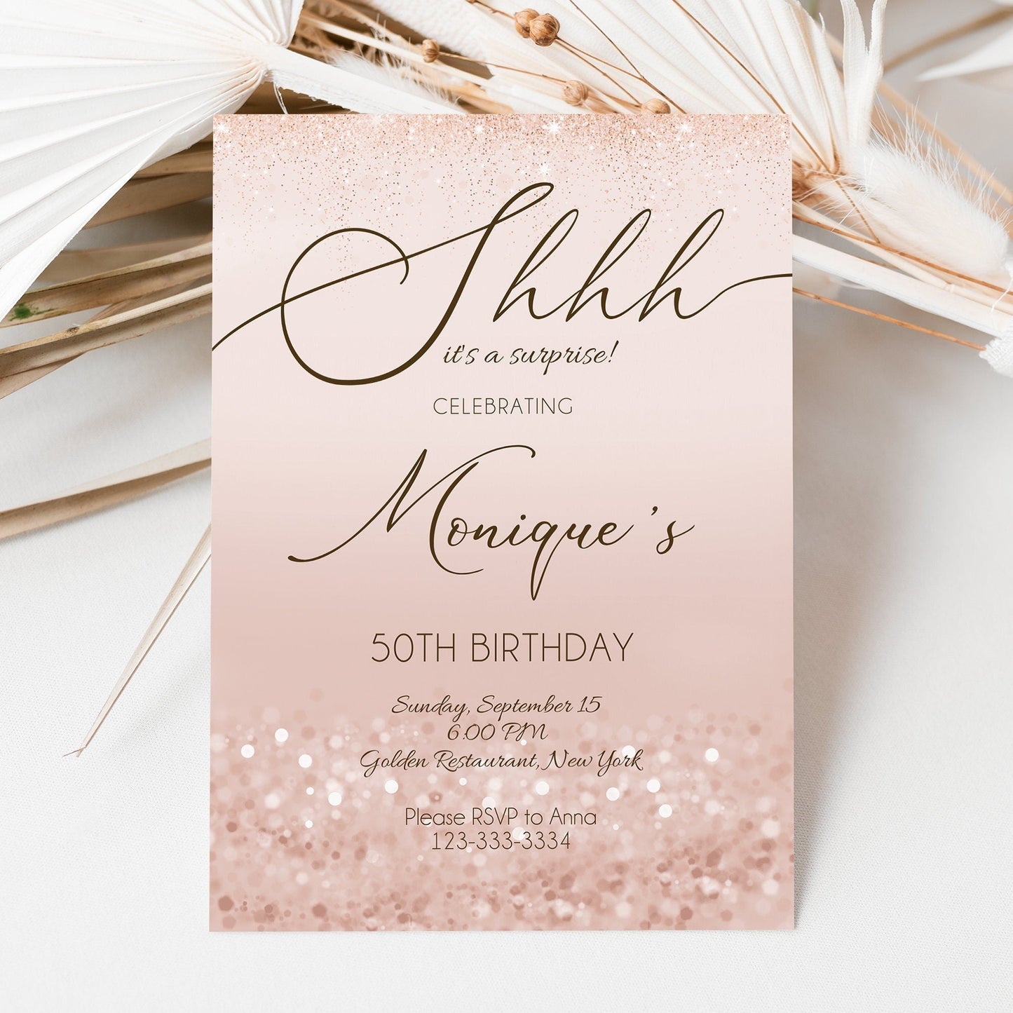 Shhh it's a Surprise Birthday Invitation, Printable Rose Gold Confetti Any Age Birthday Invite, Editable Template, Adult Invitation Digital