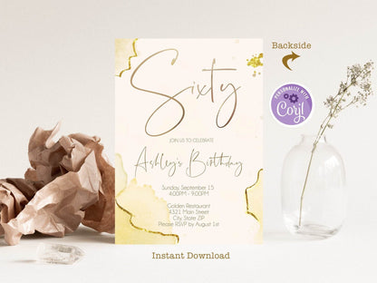 60th Birthday Invitation, Gold Foil Sixty Invitation Template, Editable 60th Birthday Party, Watercolor Birthday Invite, Instant Download