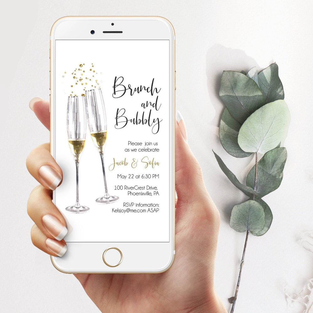 Digital Brunch and Bubbly Bridal Shower Invitation, Editable Champagne Wedding Shower Evite, Modern Electronic Template Download