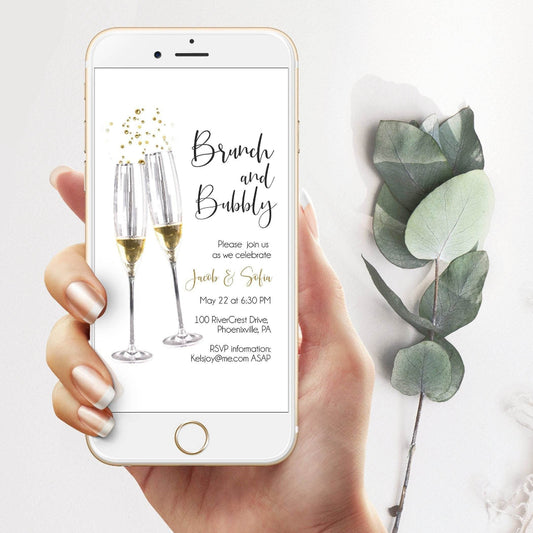 Digital Brunch and Bubbly Bridal Shower Invitation, Editable Champagne Wedding Shower Evite, Modern Electronic Template Download