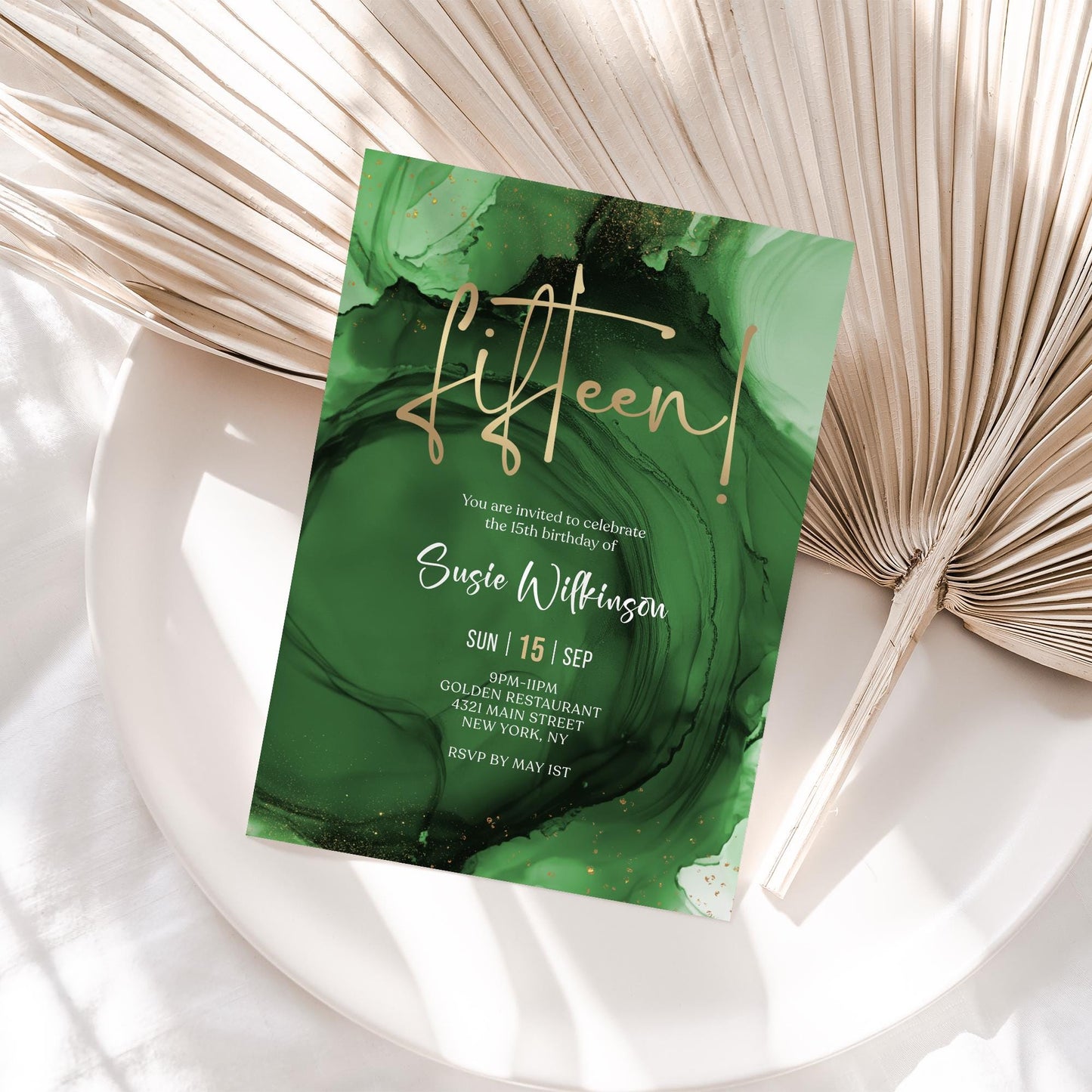 15th Birthday Invitation Template - Green Emerald Gold Design | Instant Download