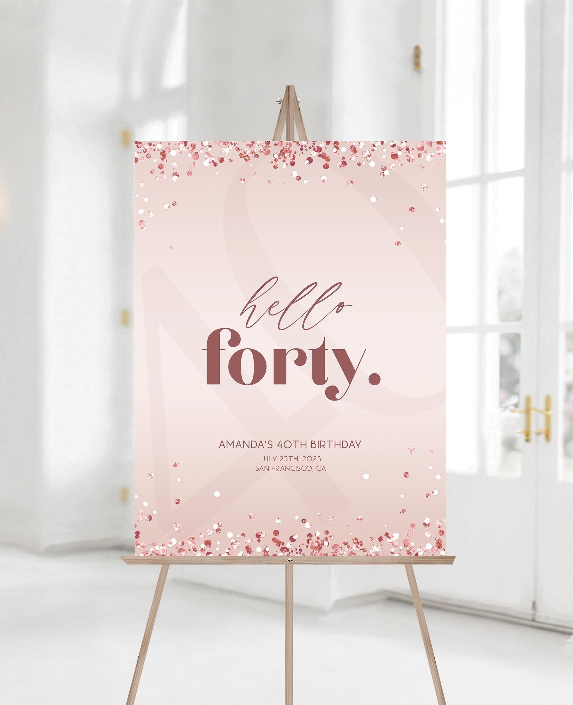 Editable HELLO FORTY 40th Birthday Party Welcome Sign, Hello 40 Welcome Poster, Rose Gold 40th Sign Printable Template, Birthday Decorations