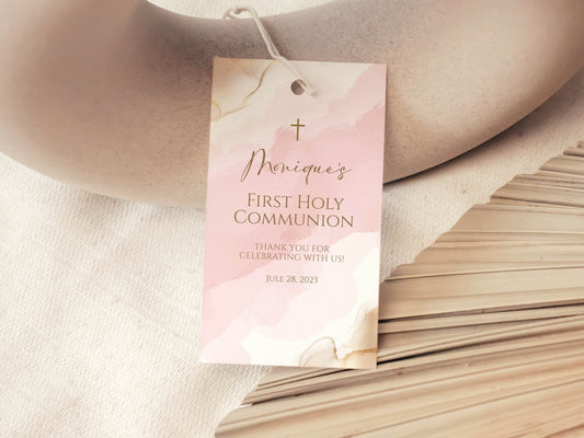 Pink Girl First Holy Communion Thank You Tag Template, First Communion Favor Tag, Pink Gold Watercolor, Girl Christening, Editable Favor Tag