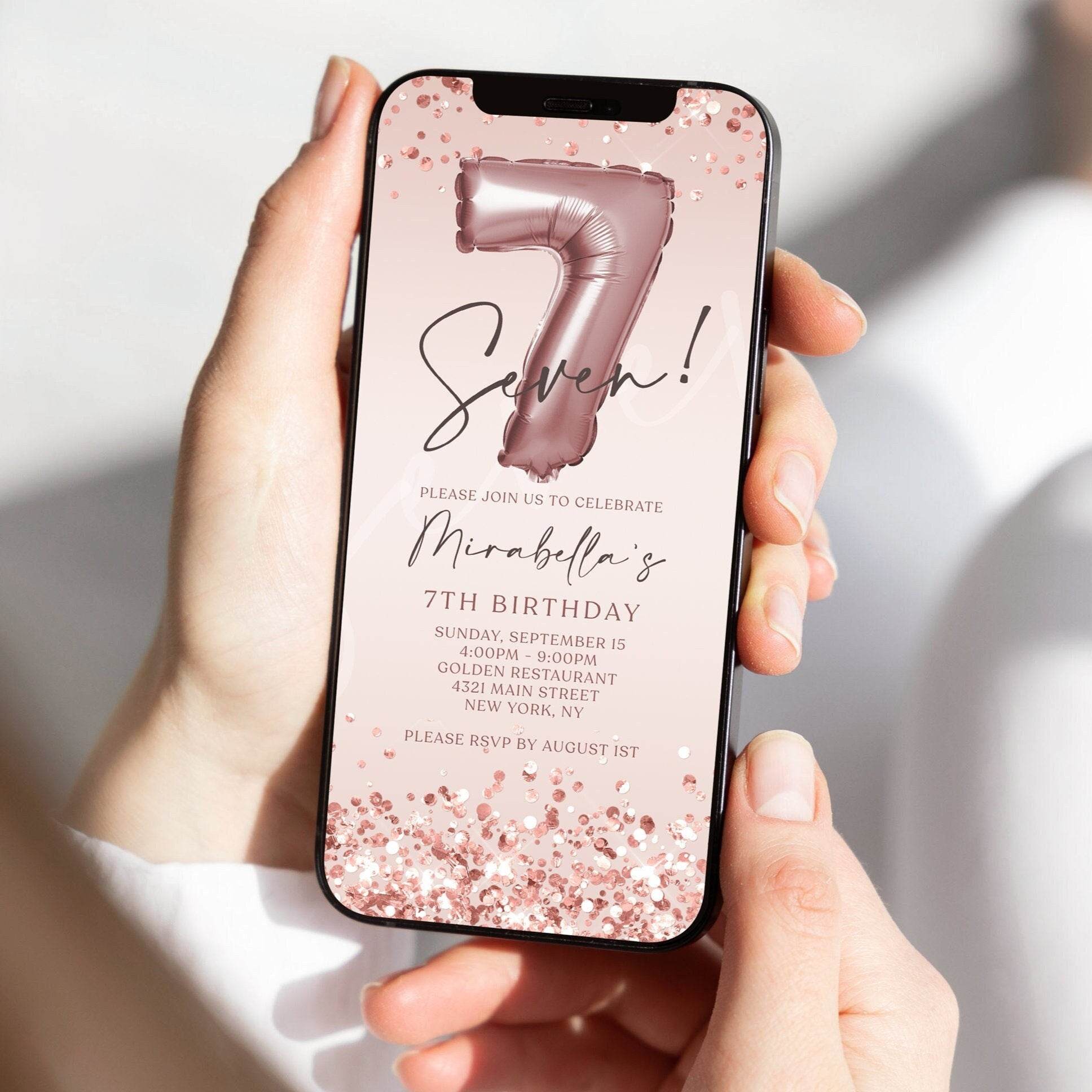 Digital 7th Birthday Invitation for Girl | Editable Pink and Rose Gold Confetti Evite | 7th Birthday Electronic Invite Template | Text Message Download