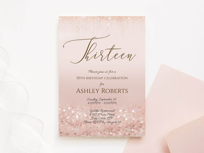 Luxury Rose Gold 13th Birthday Invitation Template, Editable Thirteen Glitter Invite, Printable or Text Digital Teen Party Evite Download