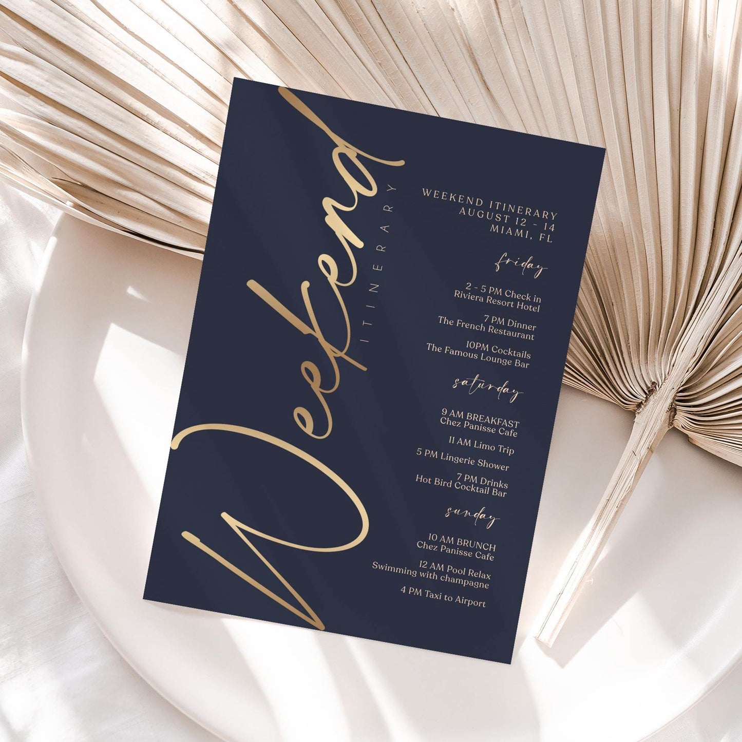 Editable Navy & Gold Weekend Itinerary Template – Elegant Printable Event Schedule | Birthday or Anniversary Weekend Planner | Instant Download