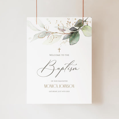 Editable Baptism Welcome Sign Template, Greenery Eucalyptus Leaves, Printable Boy Or Girl Christening Welcome Poster Board, Baptism Decor
