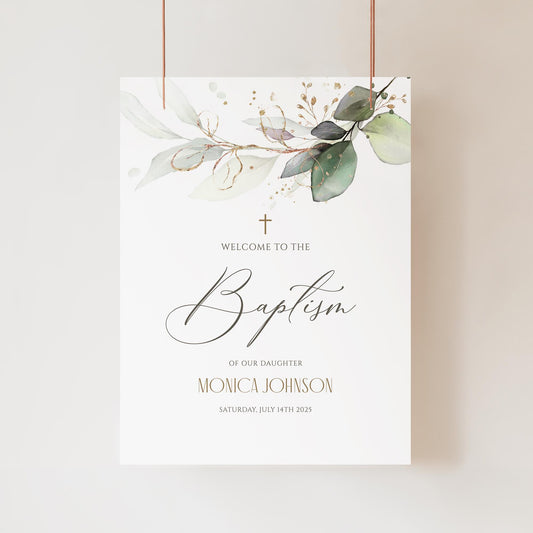 Editable Baptism Welcome Sign Template, Greenery Eucalyptus Leaves, Printable Boy Or Girl Christening Welcome Poster Board, Baptism Decor