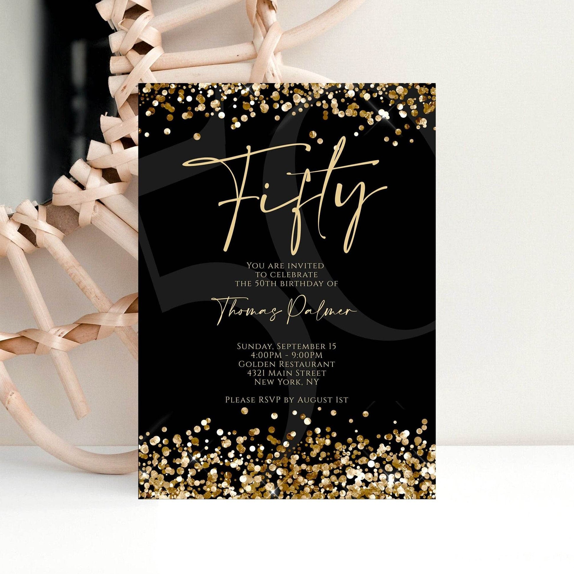 Printable Black and Gold 50th Birthday Invitation – Editable Gold Confetti Party Template – Luxury DIY Digital Invite – Mens 50th Birthday Celebration