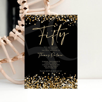 Printable Black and Gold 50th Birthday Invitation – Editable Gold Confetti Party Template – Luxury DIY Digital Invite – Mens 50th Birthday Celebration