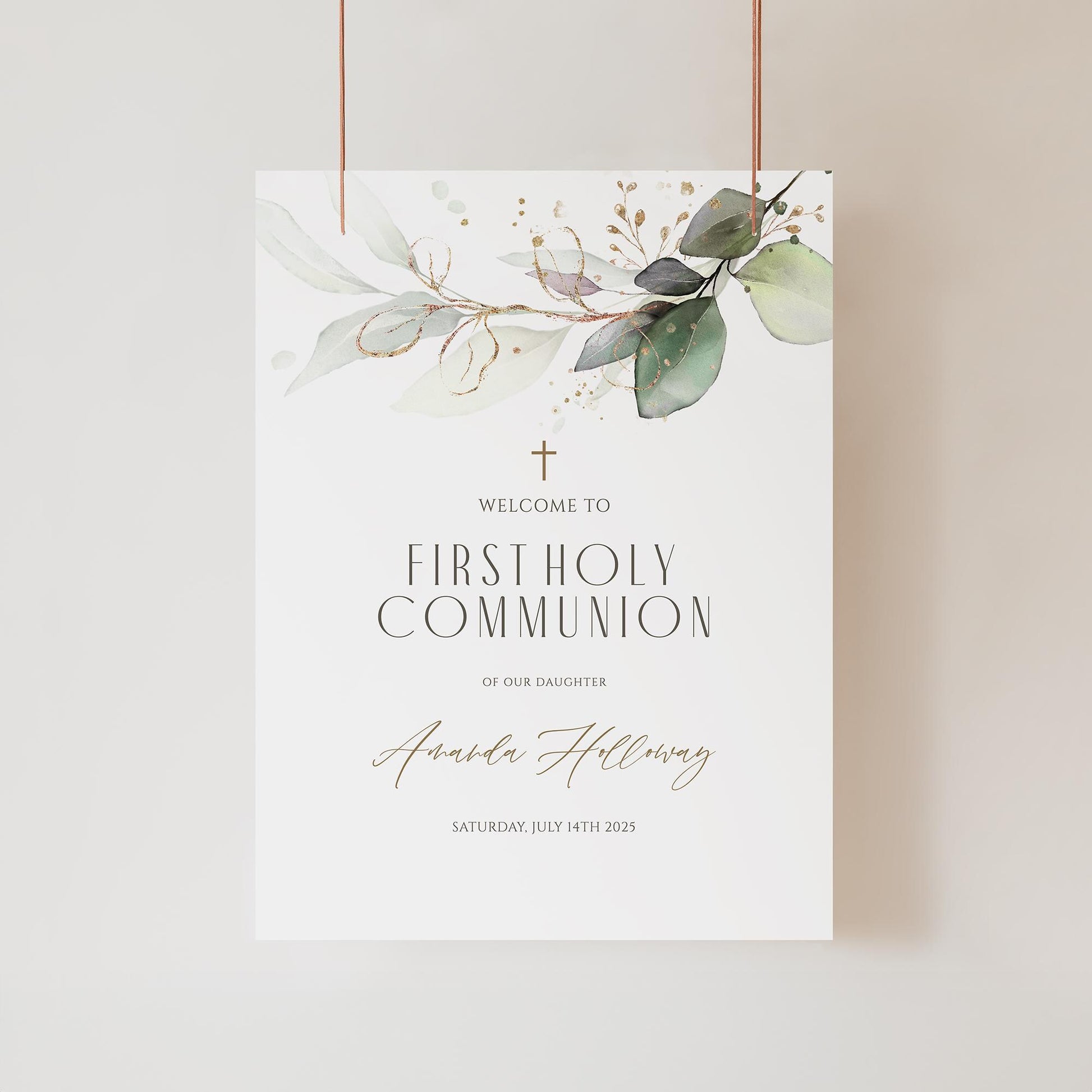 Printable First Holy Communion Welcome Sign Template – Greenery Eucalyptus Design
