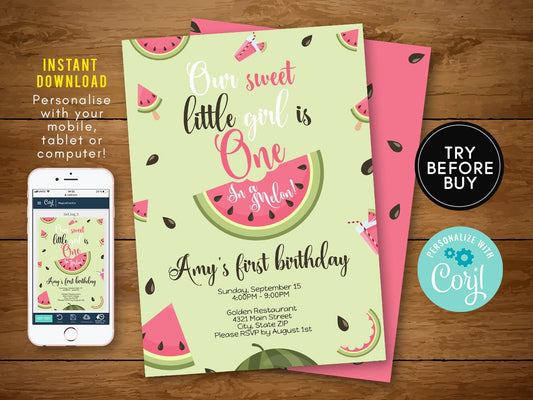 Watermelon Birthday Invitation | One in a Melon 1st Birthday | Editable Template | Printable Party Invite | Instant Download | Girl Birthday Theme